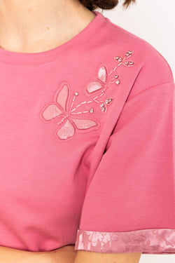 Carraig Donn Short Sleeves Applique T-Shirt in Pink