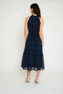 Carraig Donn Sleeveless Polka Dot Midi Dress in Navy