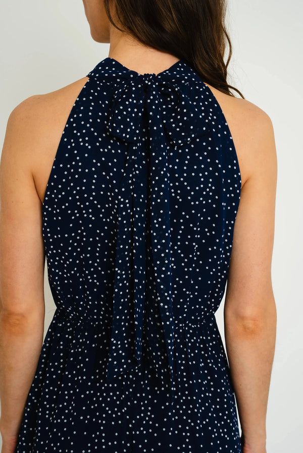 Carraig Donn Sleeveless Polka Dot Midi Dress in Navy