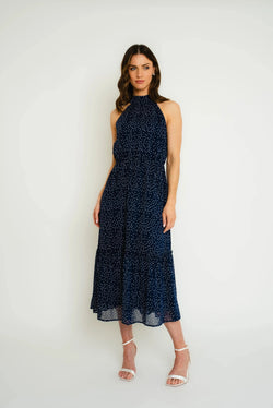 Carraig Donn Sleeveless Polka Dot Midi Dress in Navy