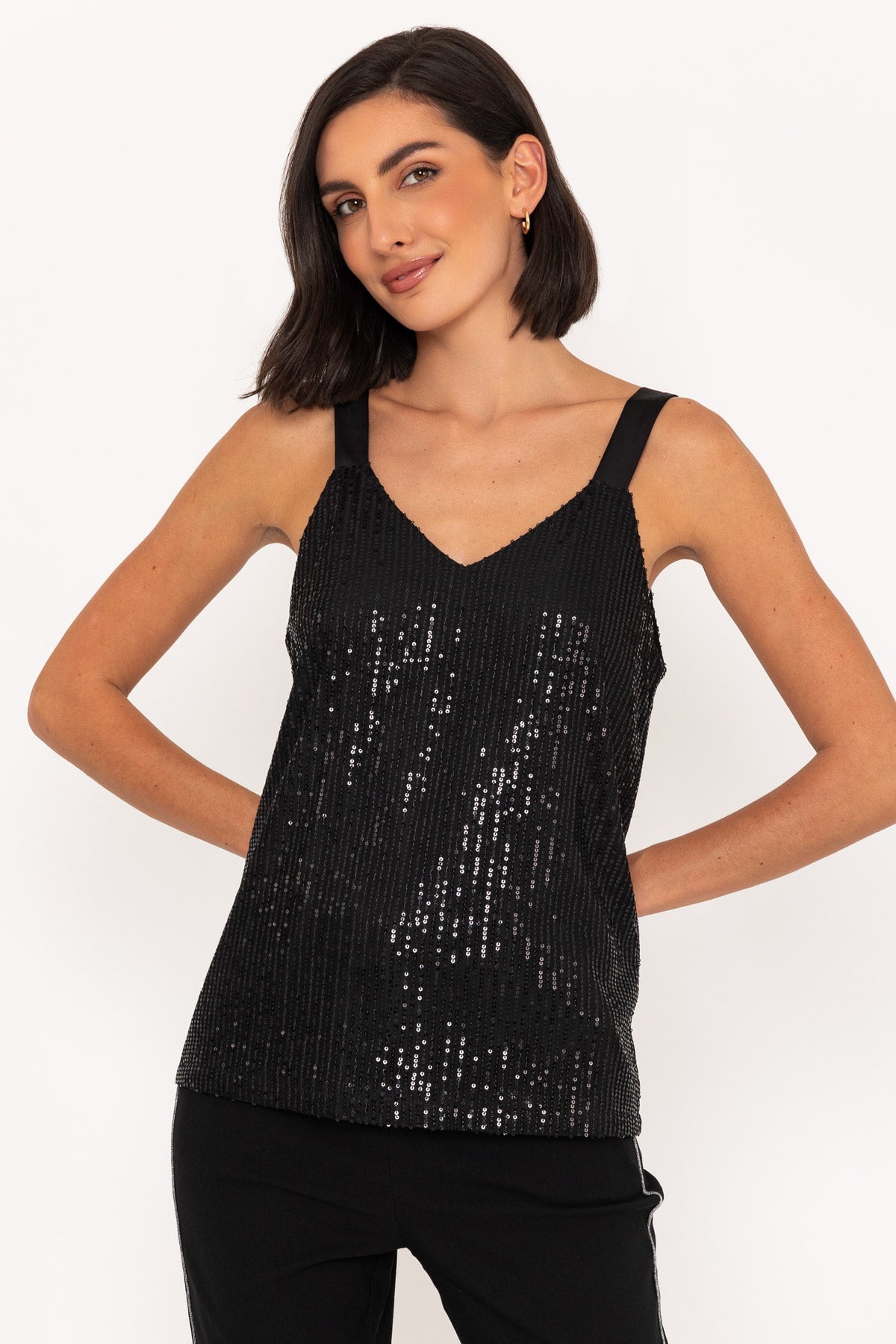 Sleeveless Sequin Cami Top in Black Ladies Party Tops Carraig Donn