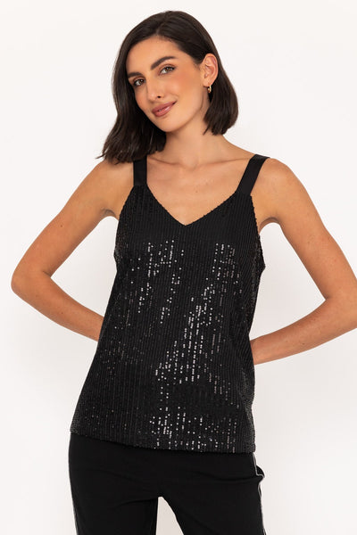 Carraig Donn Sleeveless Sequin Cami Top in Black