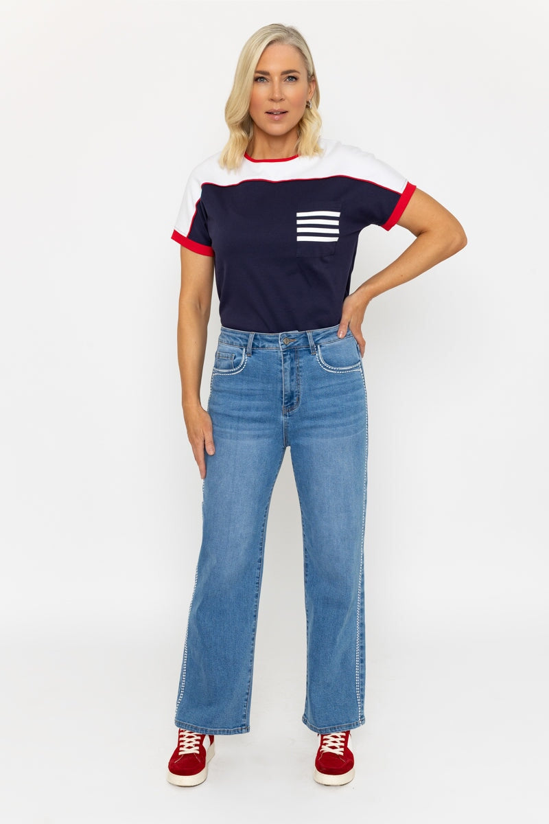 Straight Leg Denim Jeans With Side Stitch Detail