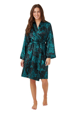 Carraig Donn Teal Satin Oversized Cheetah Wrap Robe