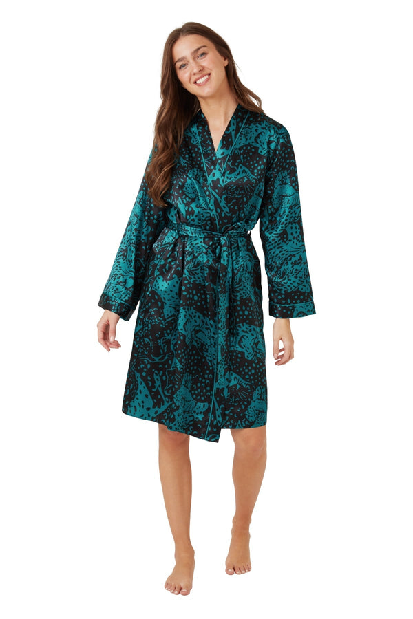 Carraig Donn Teal Satin Oversized Cheetah Wrap Robe