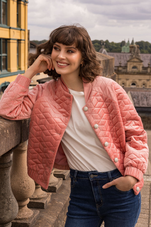 Carraig Donn Velvet Bomber Jacket in Rose