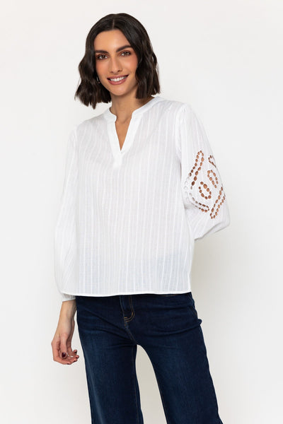 Carraig Donn White Embroidered Long Sleeve Cotton Top