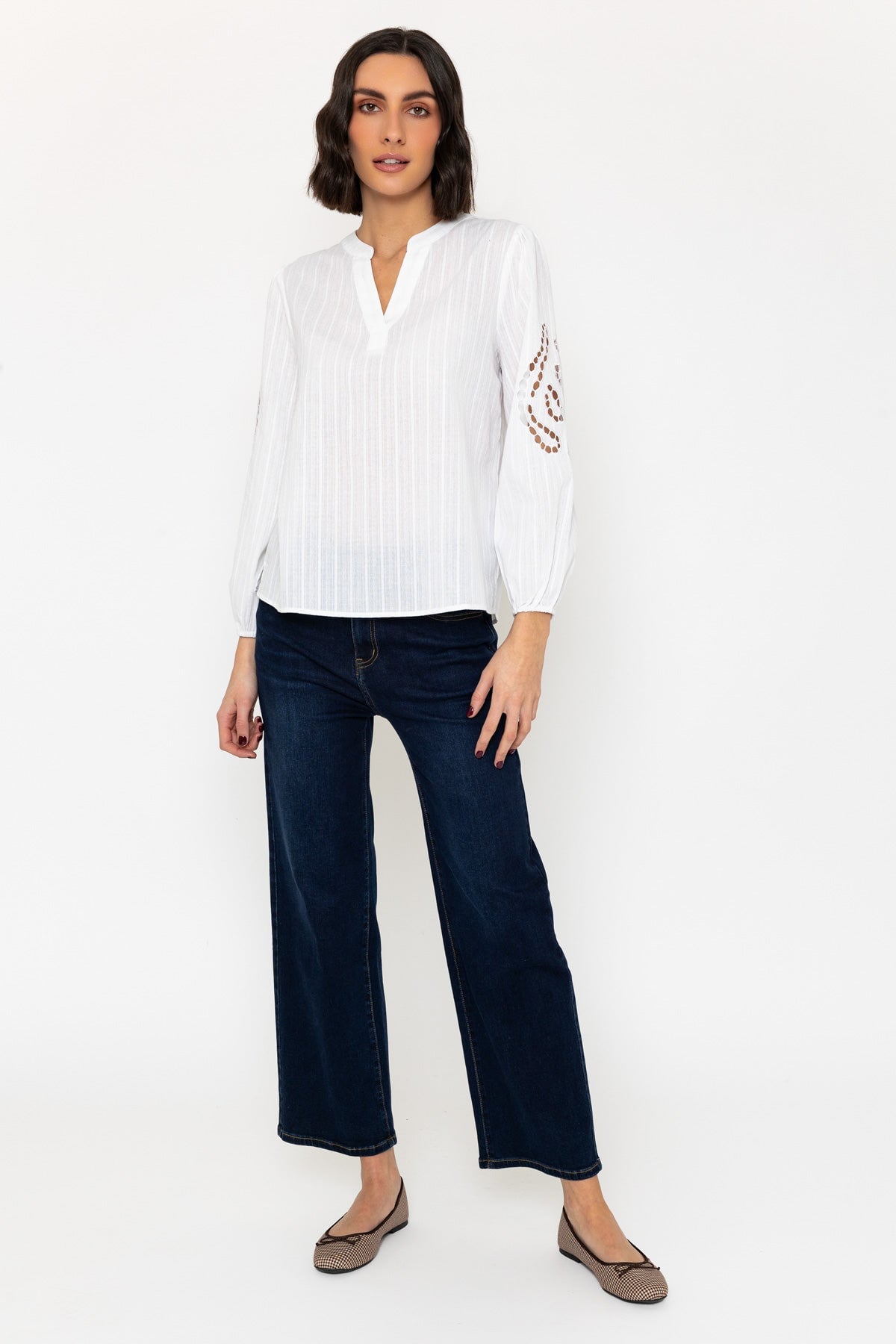 White Embroidered Long Sleeve Cotton Top