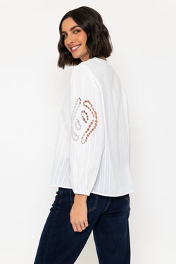 Carraig Donn White Embroidered Long Sleeve Cotton Top