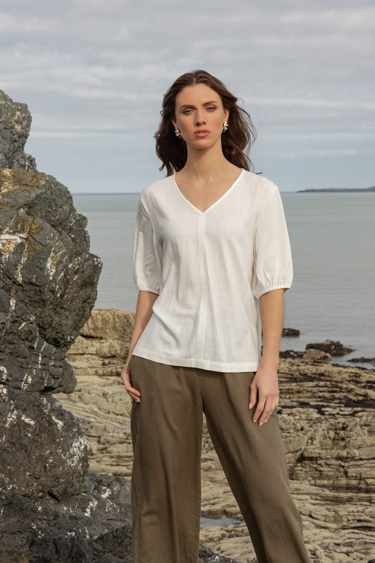 White Linen Blend Puff Sleeve Top