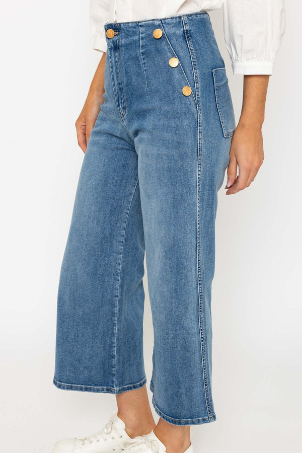 Carraig Donn Wide Leg Cropped Jeans in Blue Denim