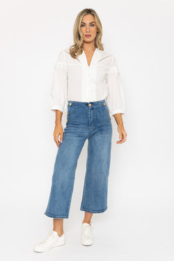 Carraig Donn Wide Leg Cropped Jeans in Blue Denim