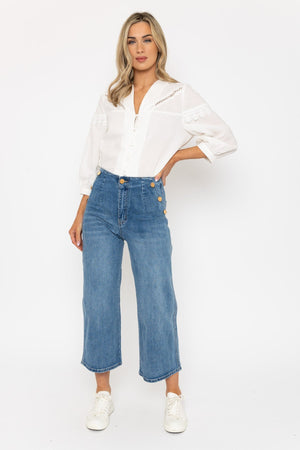 Wide Leg Cropped Jeans in Blue Denim