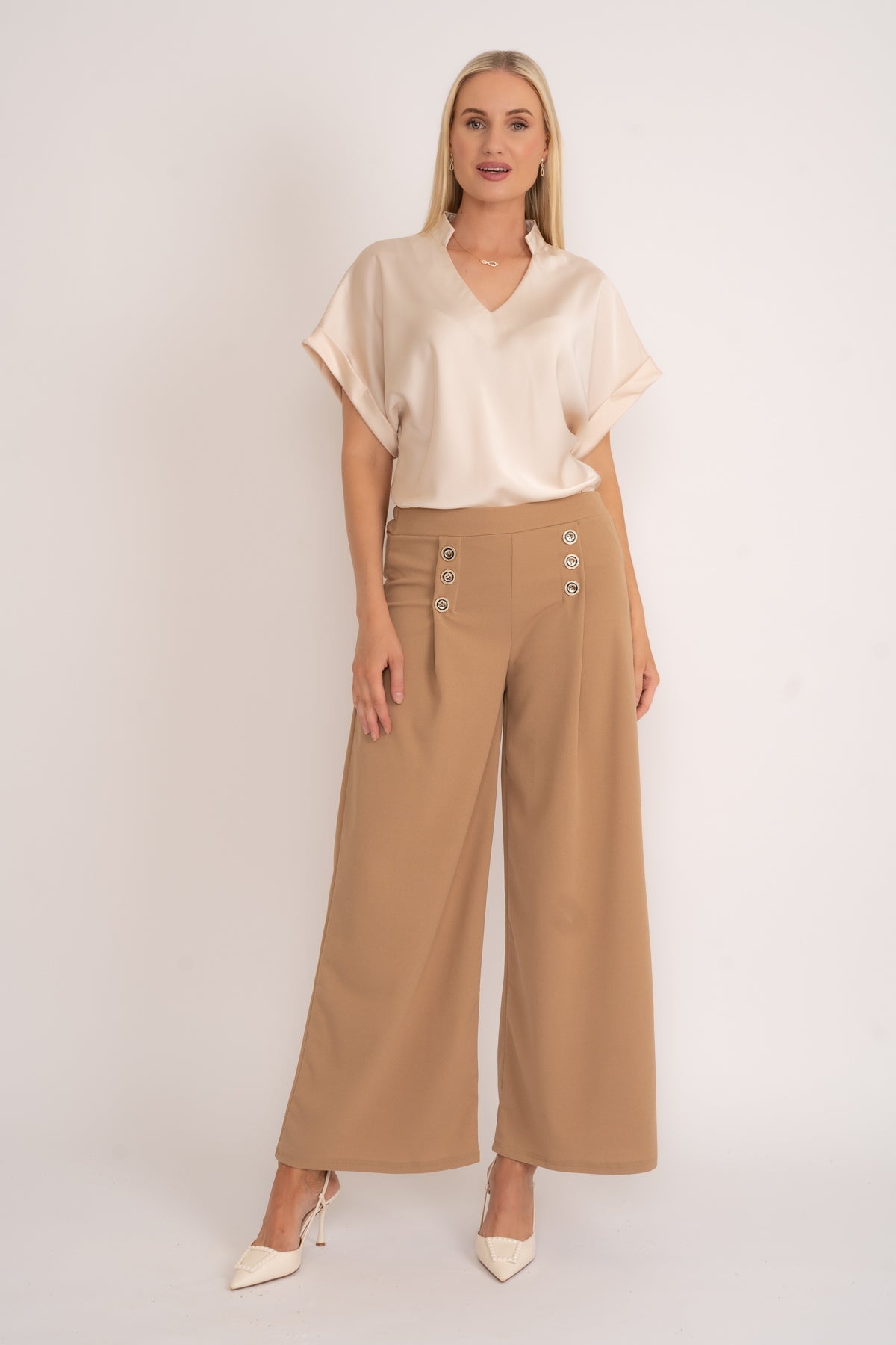 Wide Leg Scuba Trousers in Camel