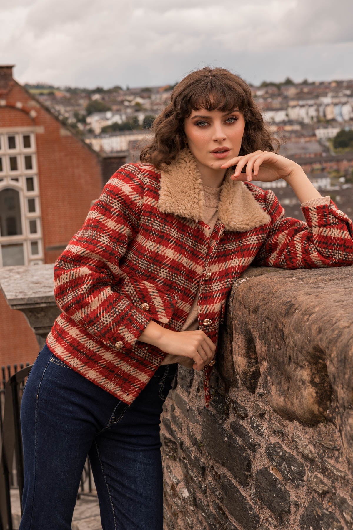 Red check coat womens on sale