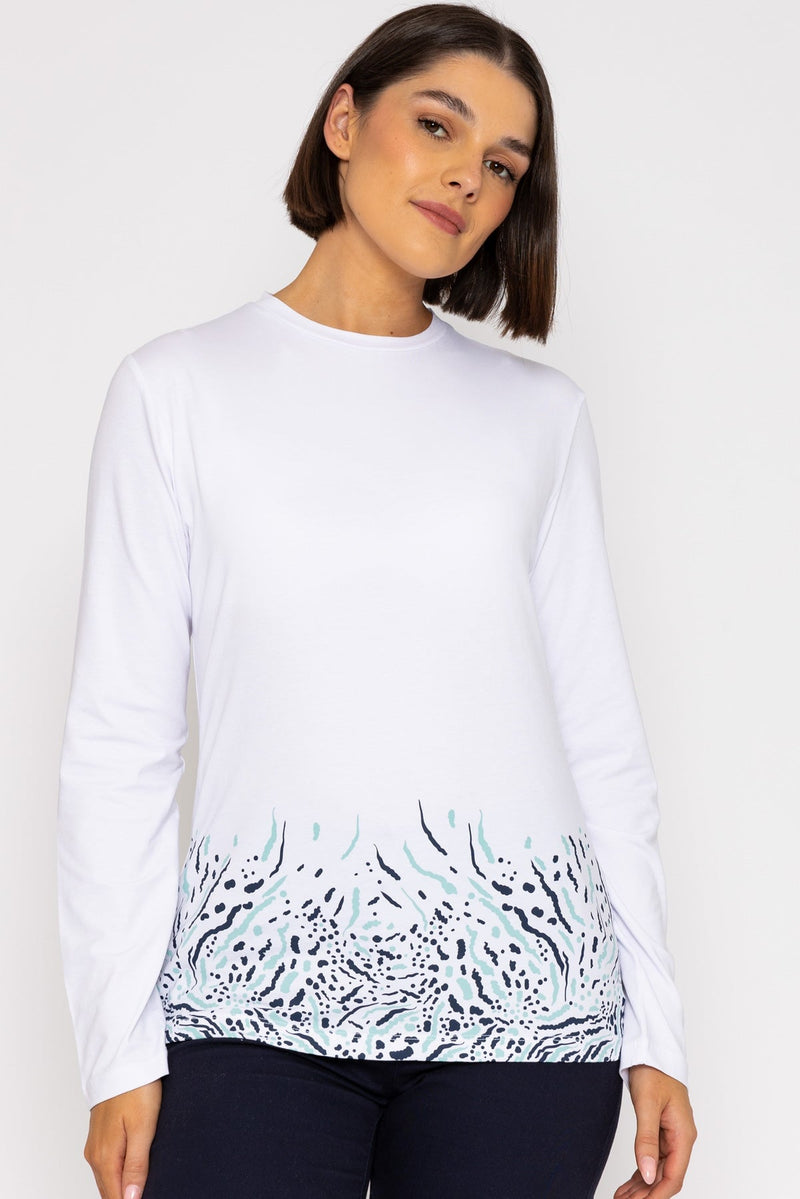 Long Sleeve Print Jersey Top in White | Tops | Carraig Donn
