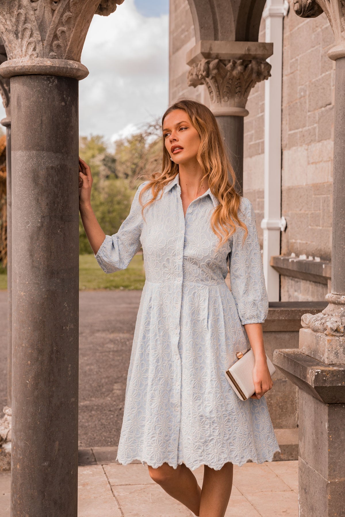 Blue floral embroidered clearance dress