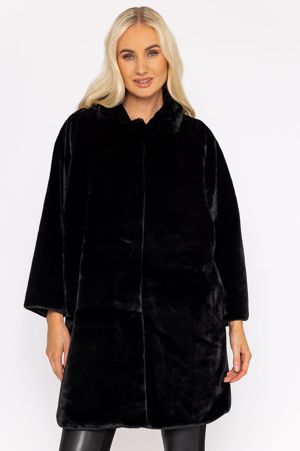 Carraig Donn Funnel Neck Faux Fur Coat in Black