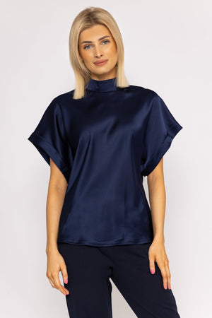 High Neck Sateen Top in Navy