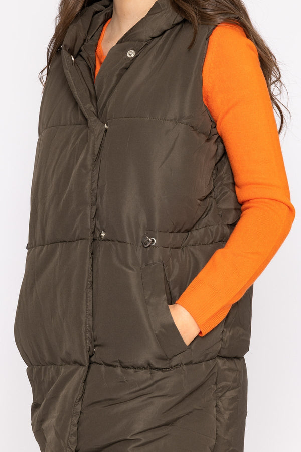 Carraig Donn Hooded Cinched Waist Longline Gilet in Khaki