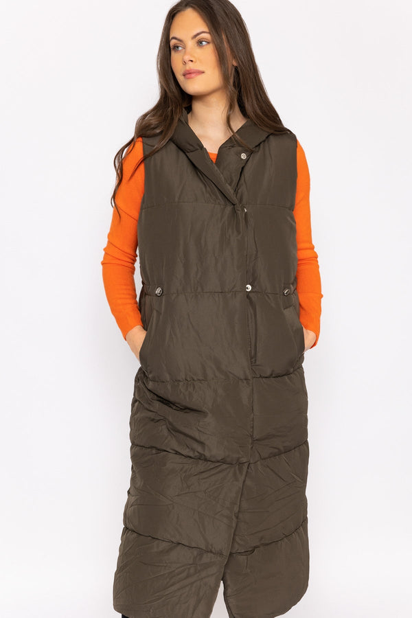 Carraig Donn Hooded Cinched Waist Longline Gilet in Khaki