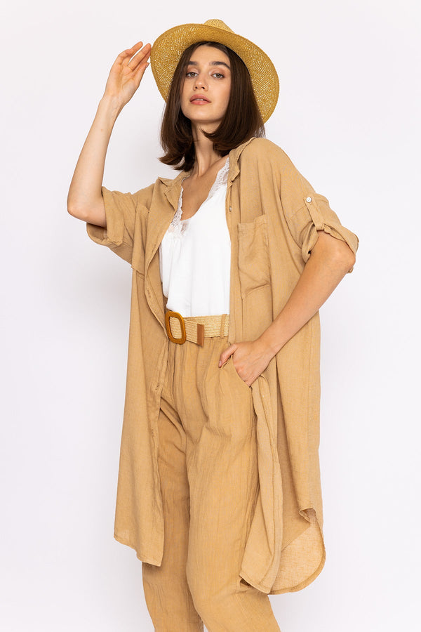 Carraig Donn Oversized Linen Shirt in Camel