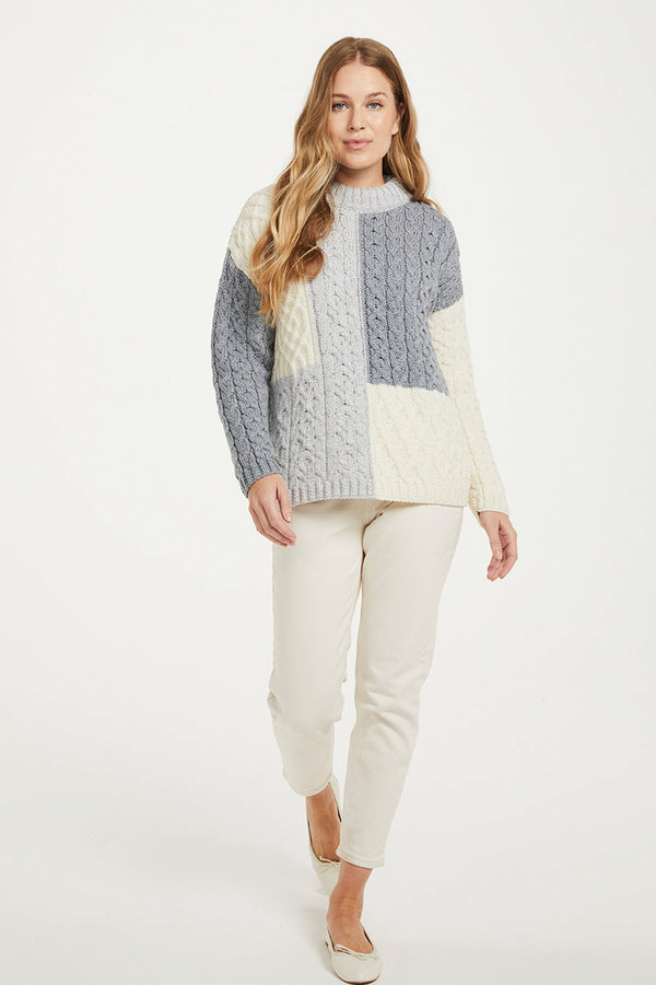 Carraig Donn Patchwork Sweater in Cream and Grey