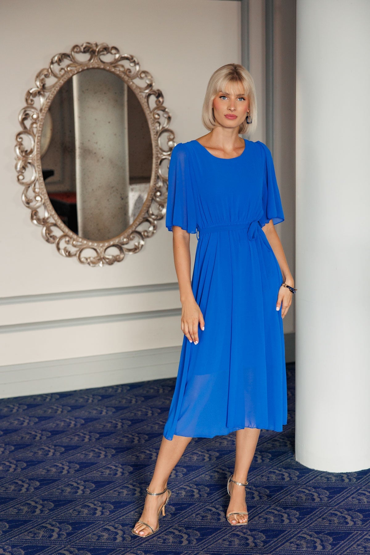 Midi blue shop dress with sleeves