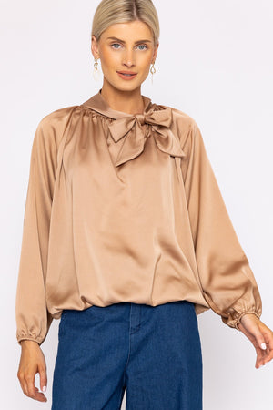 Sateen Pussybow Blouse in Camel