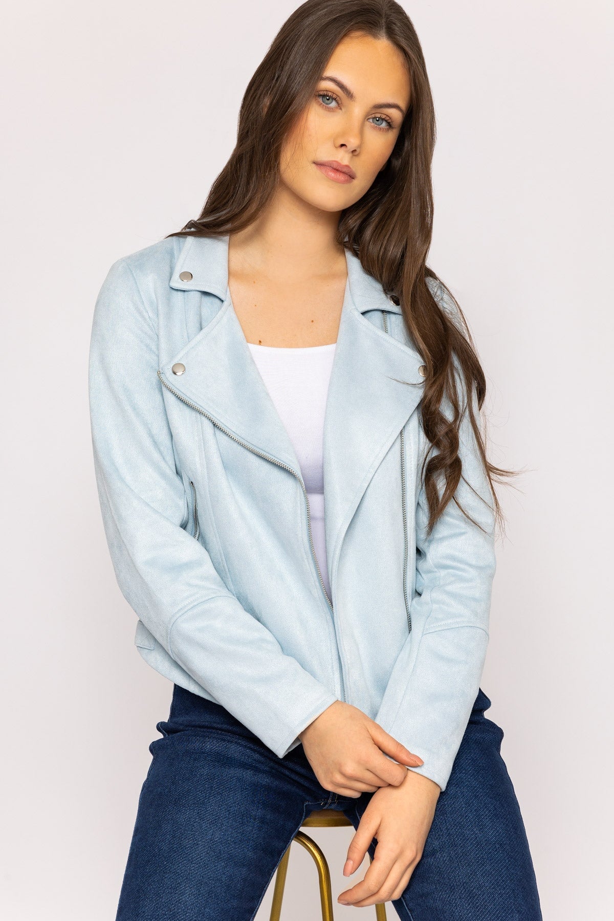 Suede Biker Jacket in Light Blue Jackets Carraig Donn