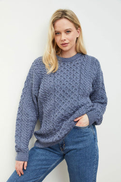 Carraig Donn Traditional Unisex Aran Sweater in Blue