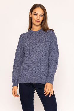 Carraig Donn Traditional Unisex Aran Sweater in Blue