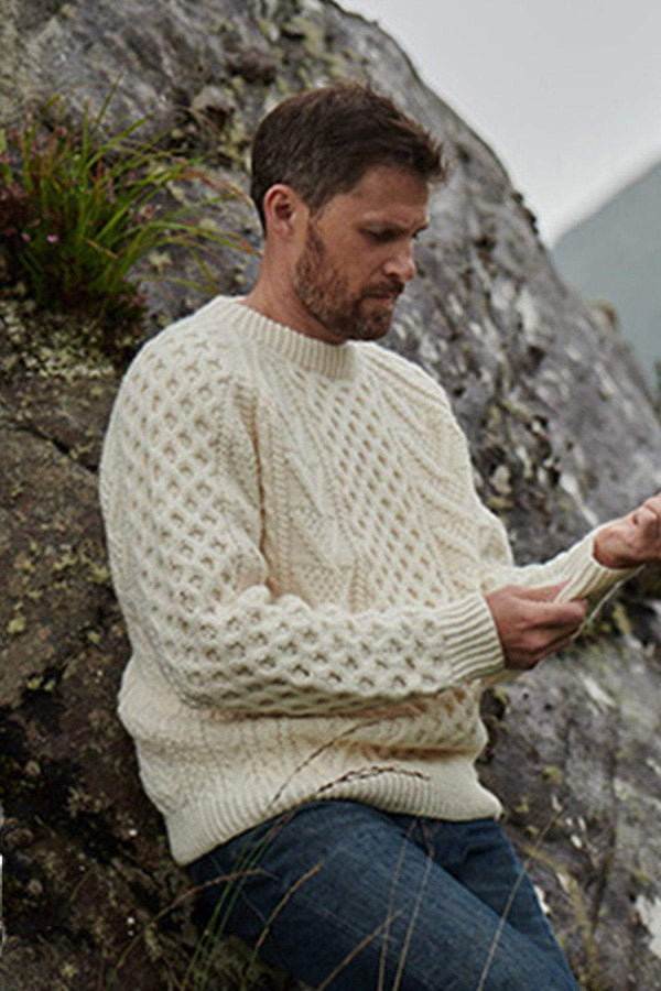 Merino Wool Sweater in Cream, Aran Woollen Mills
